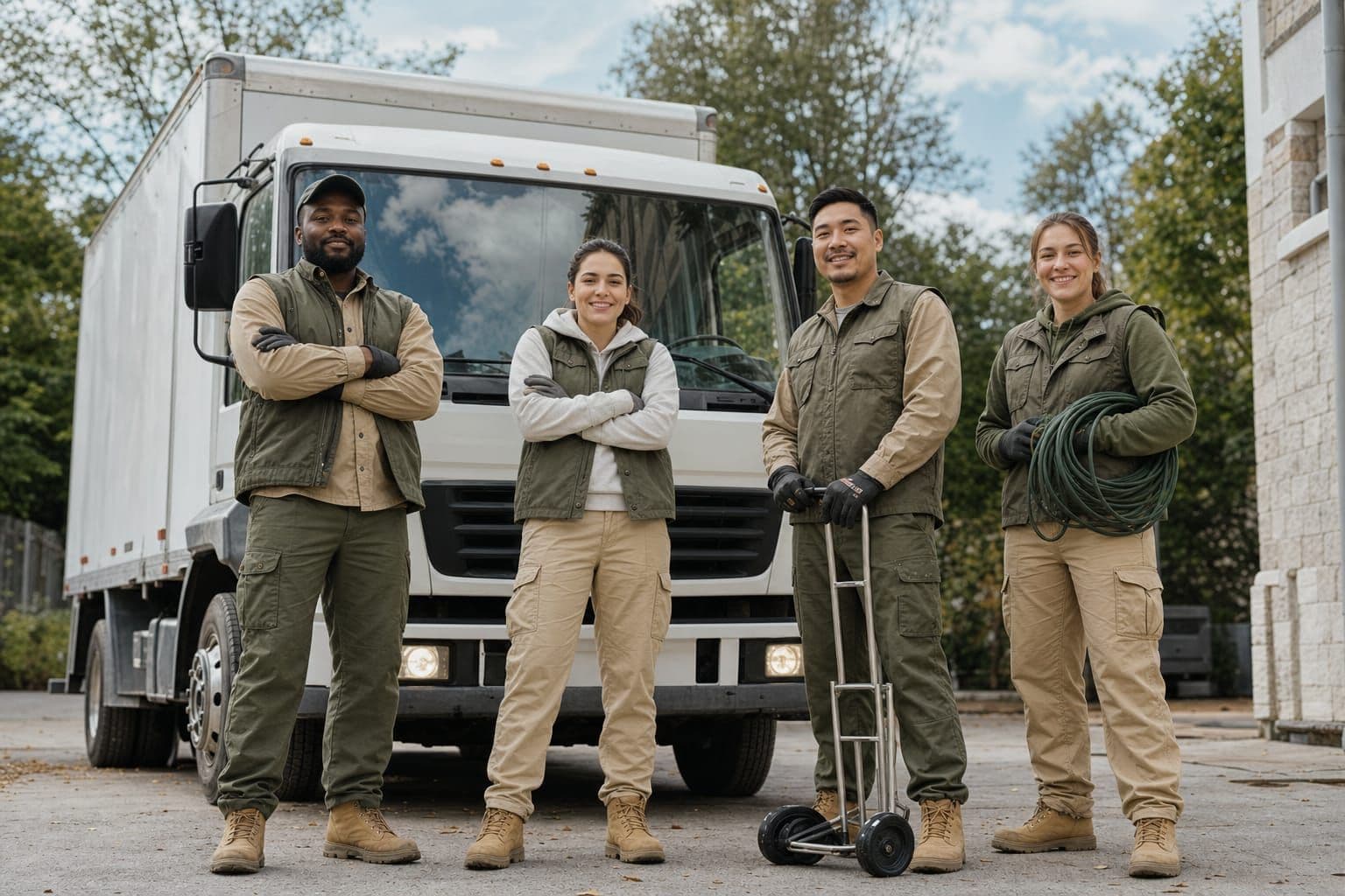 Four-person Ottawa Site Restoration crew standing with work gear in front of their box truck