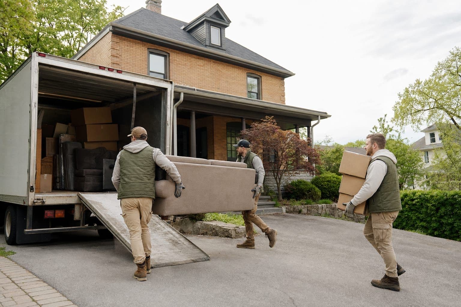 Three Ottawa Site Restoration workers loading a sofa and cardboard into a box truck outside a brick home