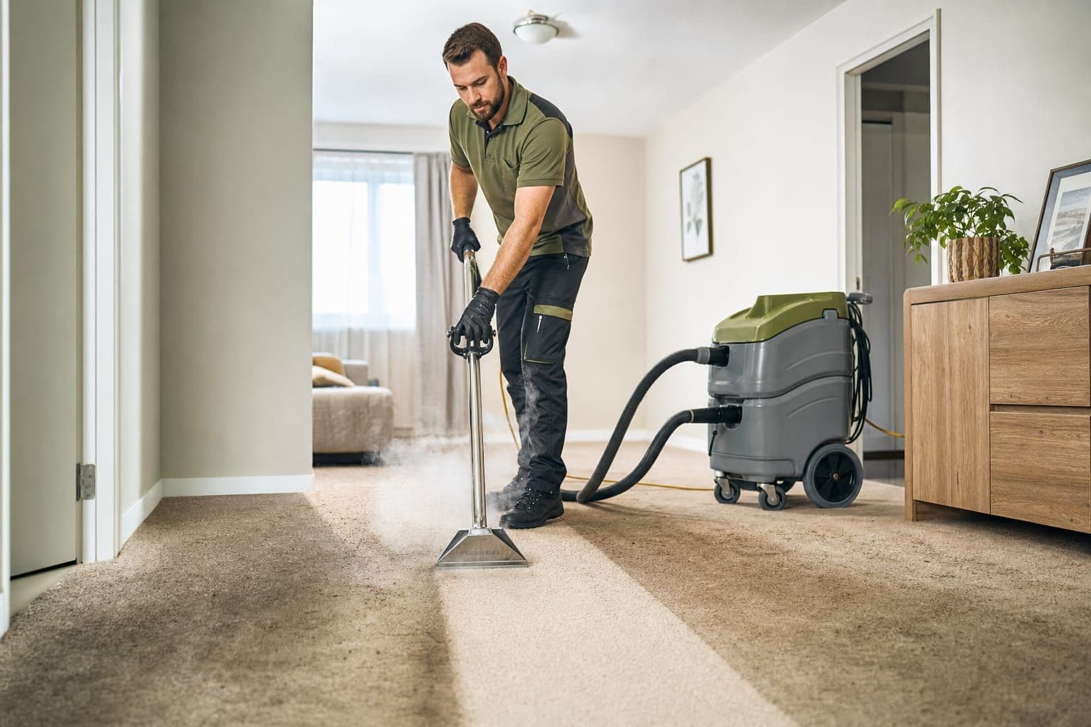 Carpet cleaning technician using a hot-water extraction wand in a bright Ottawa hallway