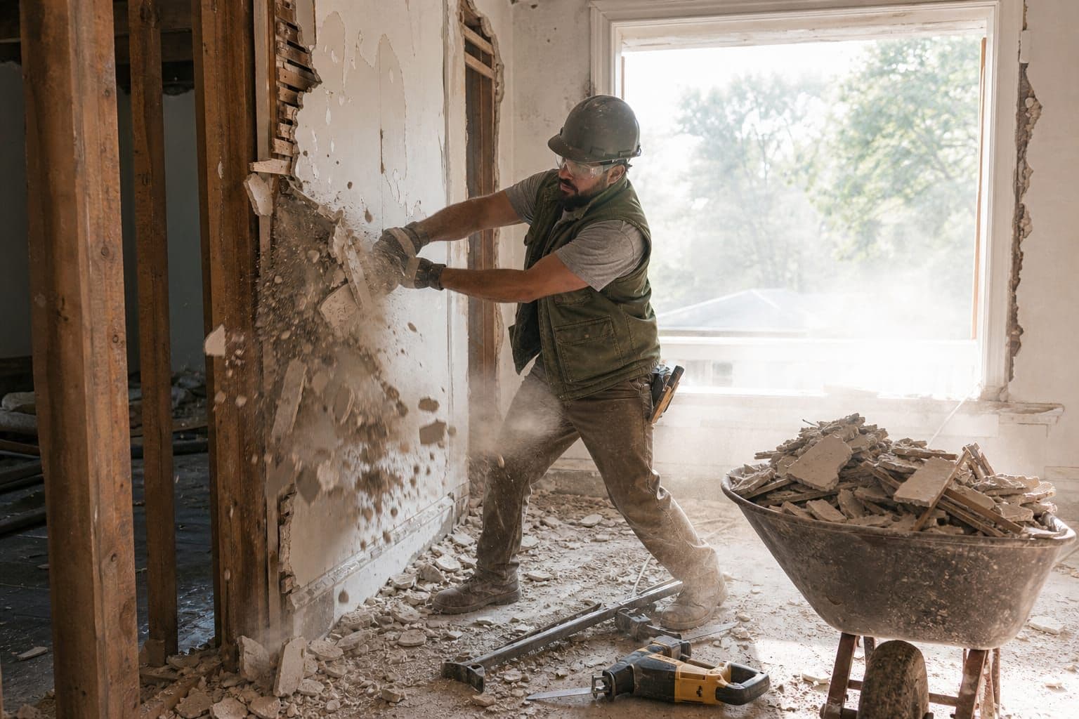 Demolition worker removing a plaster wall inside an Ottawa renovation
