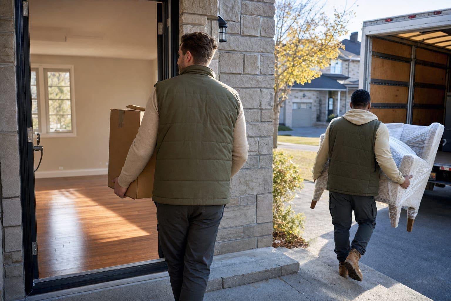 Ottawa cleanout crew carrying boxes and a wrapped armchair from a freshly cleaned home