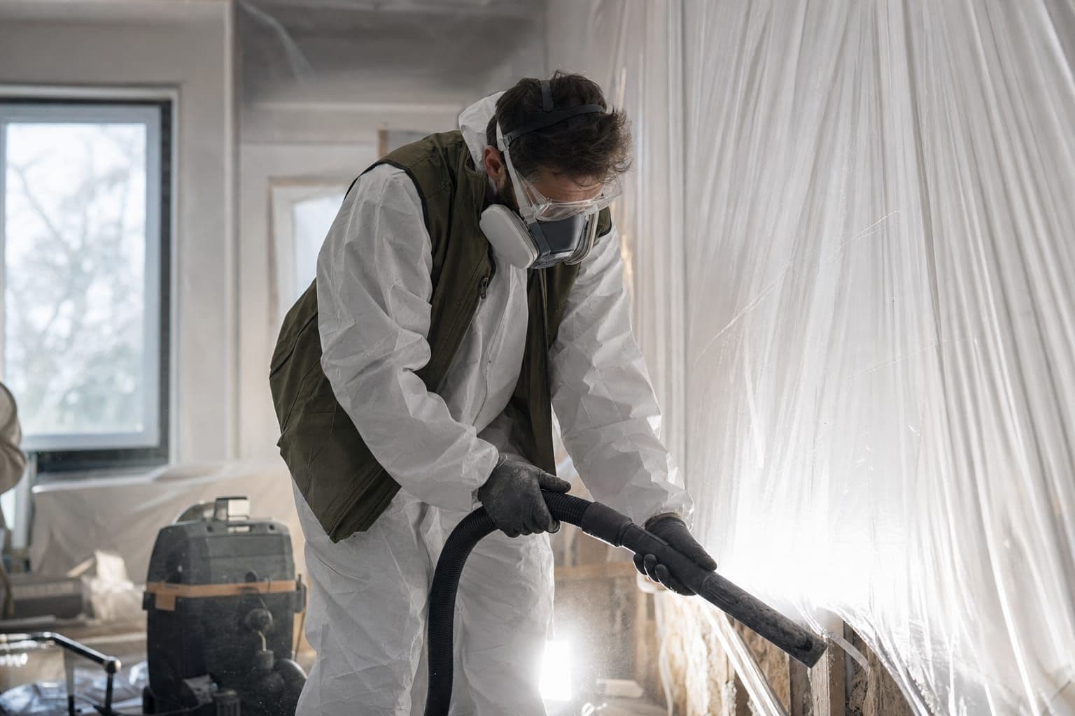 Mould remediation technician using a HEPA vacuum behind containment sheeting in an Ottawa home
