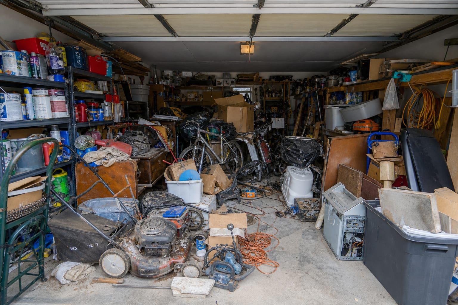 Cluttered Ottawa garage filled with boxes, bicycles, paint cans, and broken equipment before a cleanout
